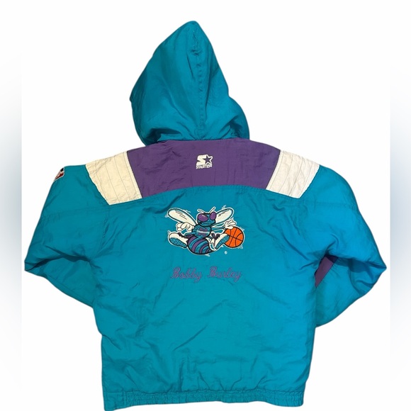 Vtg 90’s Starter Charlotte Hornets NBA Nylon Hooded Quarter Zip Medium Unisex - Picture 2 of 9